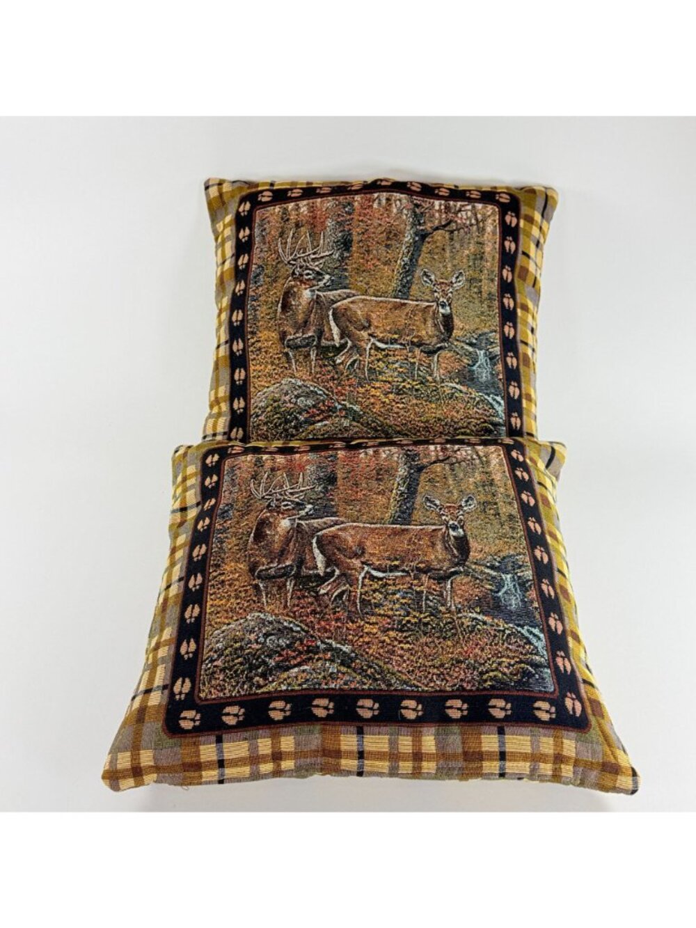 Rivers Edge Products Tapestry Throw Pillows 18x18 Inch Brown Plaid With Deer Pai - Picture 6 of 8